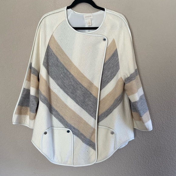 Chico's Women's Wrap Jacket Size 2 Colorblock Striped Yarn-Dye Boiled Wool 100% - Picture 1 of 8